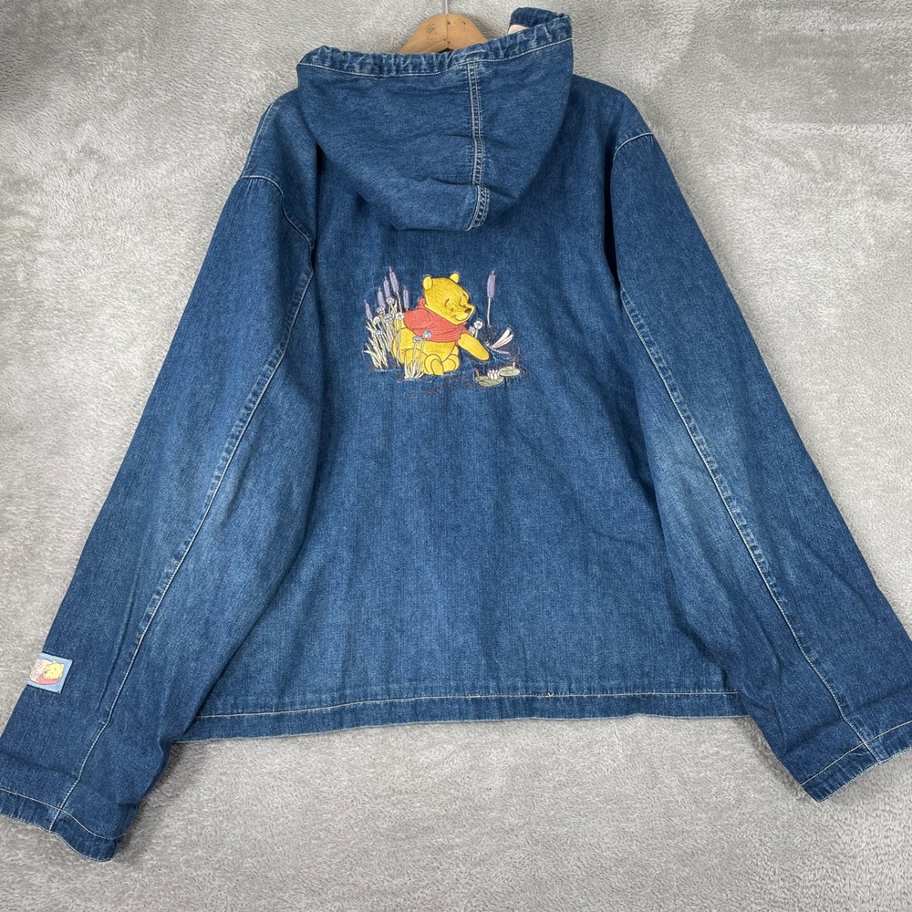 Vintage Winnie the Pooh Disney Jacket Womens XL Blue Denim Hooded Floral 90s